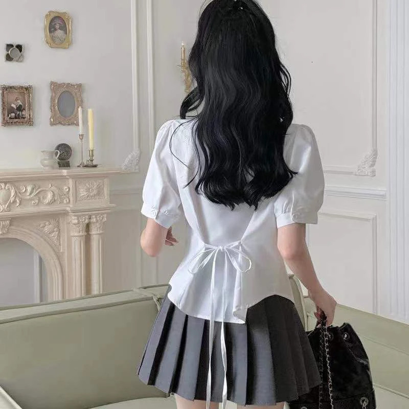 White Sweet Shirt Women Korean Fashion Preppy Style Jk Bandage Short Sleeve Shirt Ladies Summer Y2K Slim Elegant Bow Tops 250425
