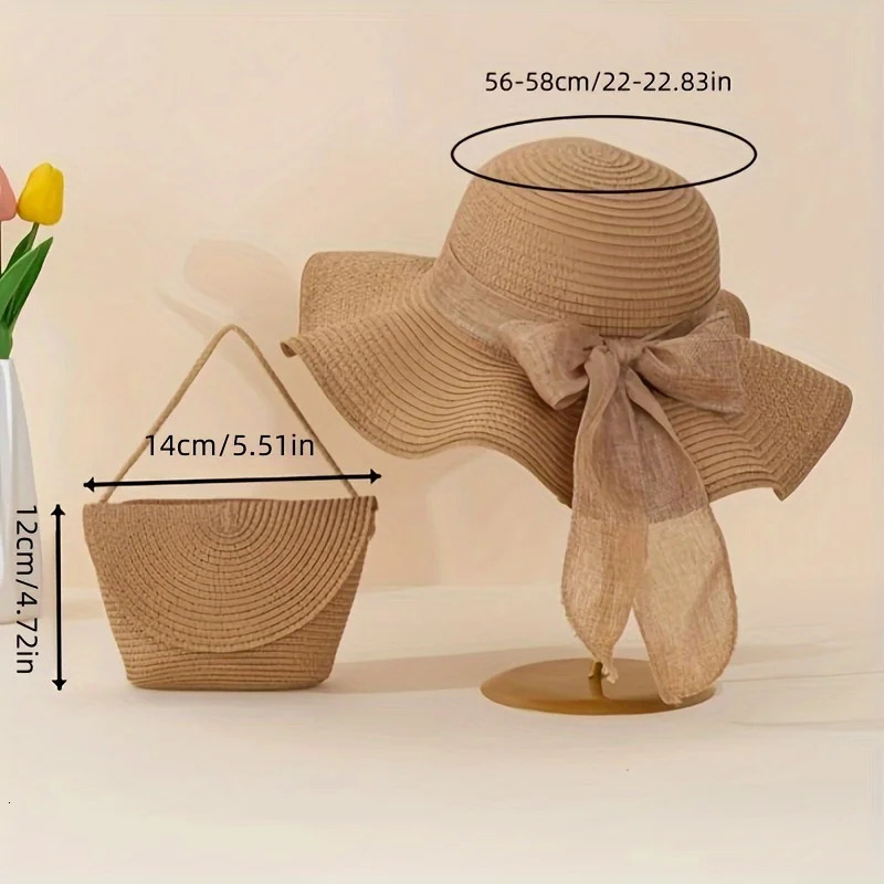 2 khaki wave beach womens sun hats and woven shoulder bags combined with fashionable pleated lightweight and breathable 250430