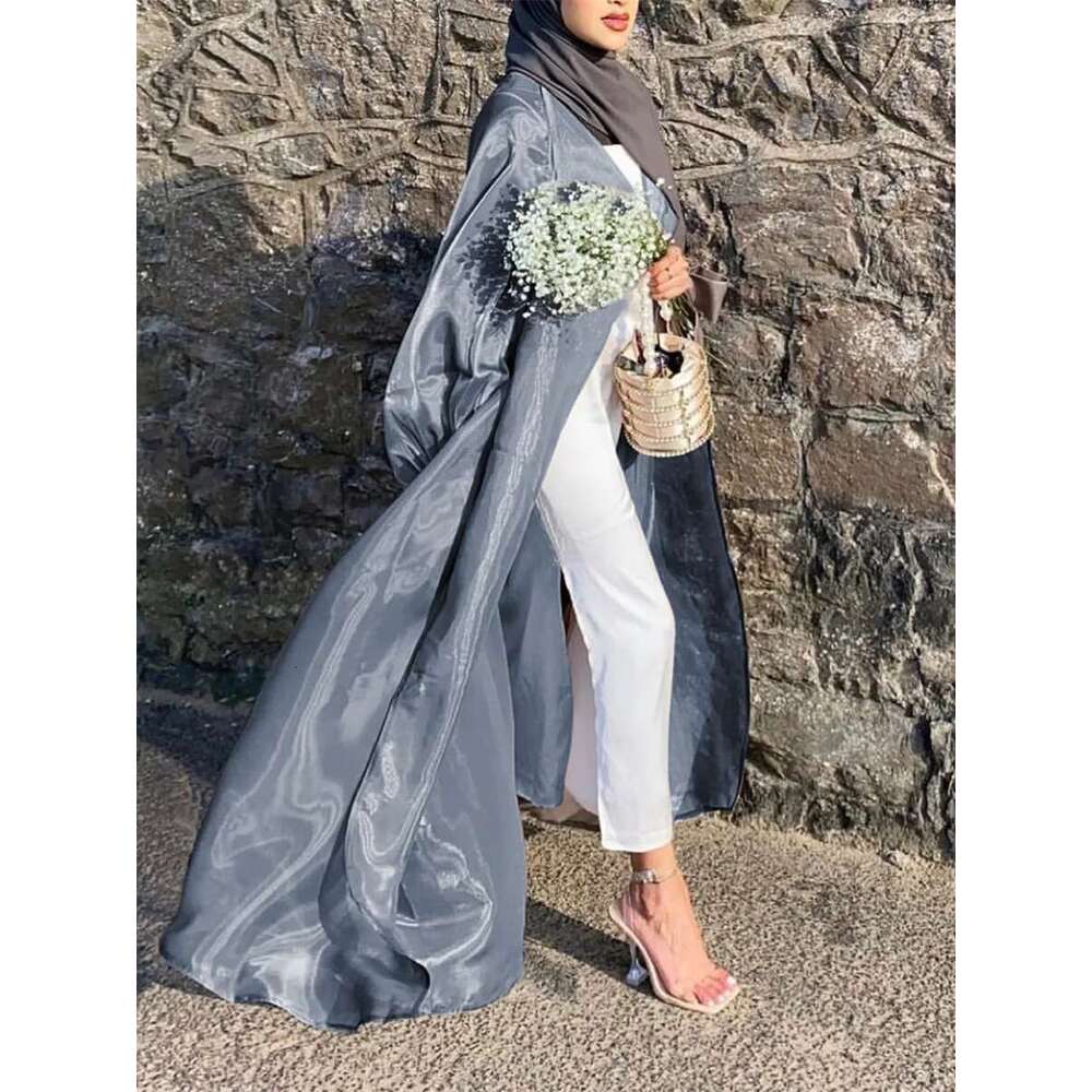 Summer Eid Djellaba Shiny Soft Puff Sleeves Silky Abaya Dubai Turkey Muslim Dress Islam Abayas Wy800