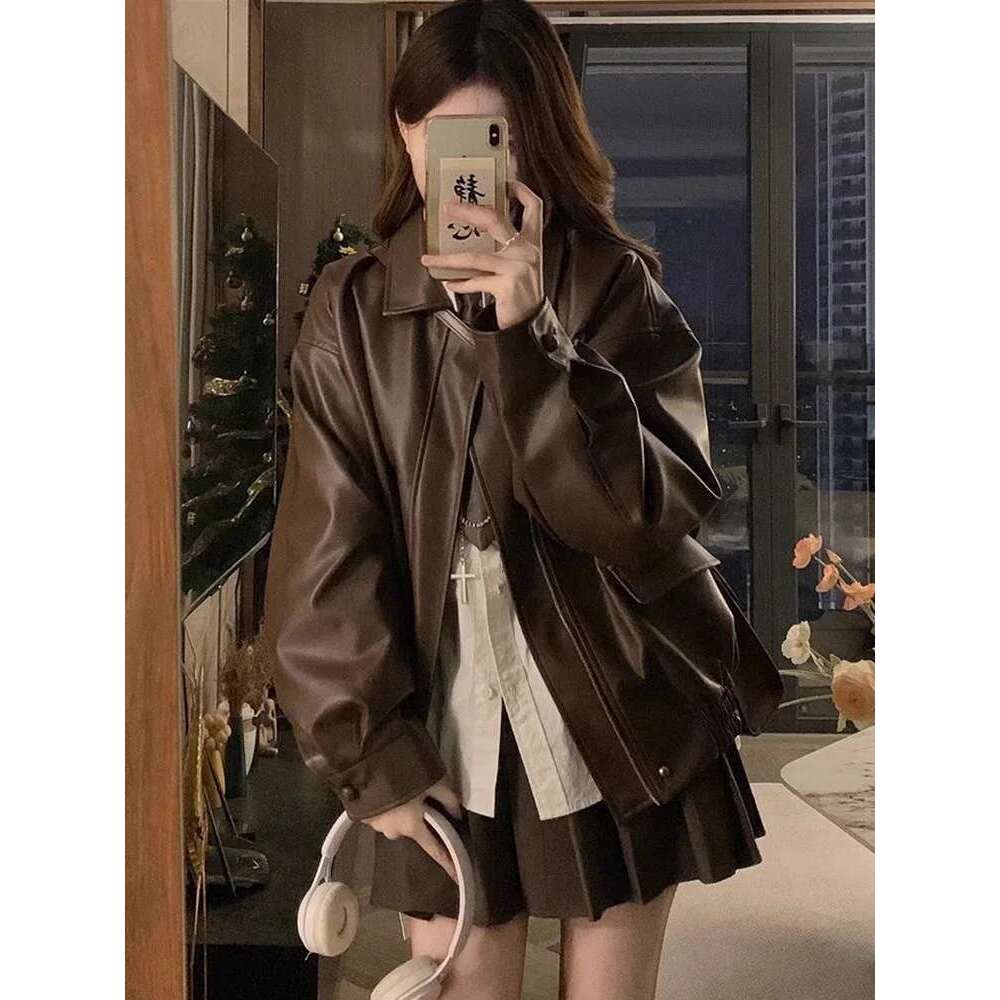 2025 New Meridian Brown Biker Leather Female Spring and Fall American Retro Windproof Pu Jacket