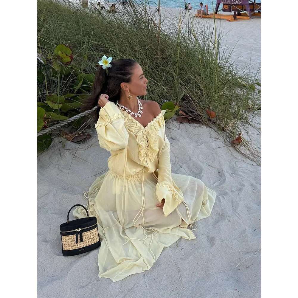 V-Neck Lace Up Waist Cinching Shirt Woman Casual Set Pleated Loose Solid Color Skirt Chic Elegant Versatile Baggy Women's Suits