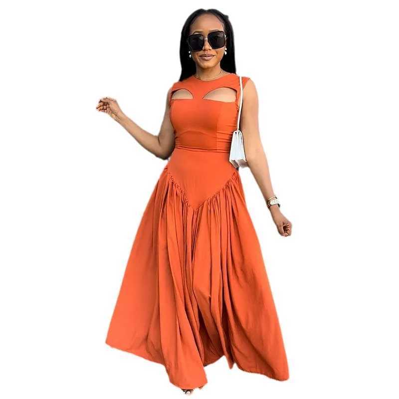 Strapless hollow solid O-neck womens dress sleeveless street sexy ankle length vest loose fit shirt 2024 W250430