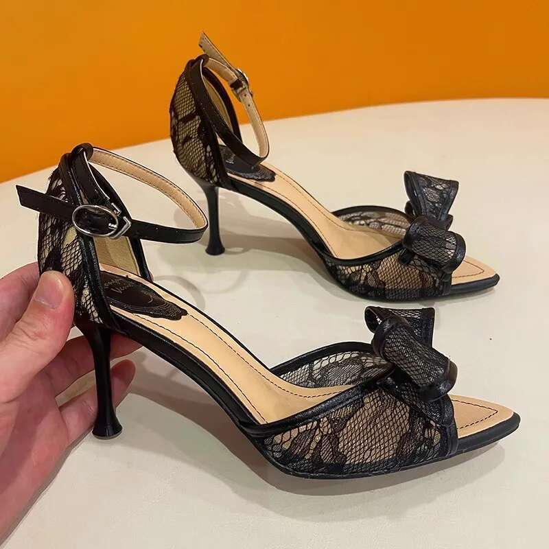 Summer new pointed fish mouth lace mesh bow stilet-heeled high-heeled banquet dress versatile bag-heeled women's sandals