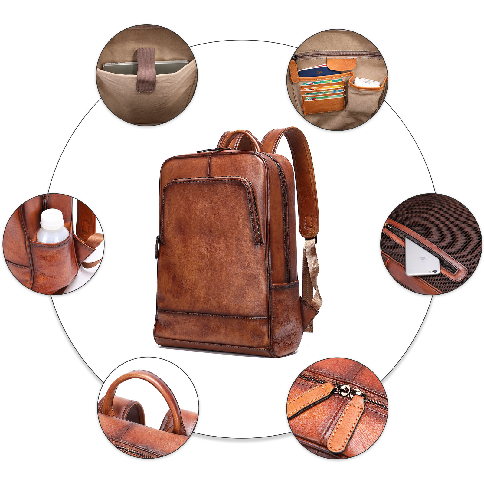 Men's New Genuine Business 15.6-inch Computer Bag Color Wiped Tree Paste Leather Headlayer Cowhide Backpack