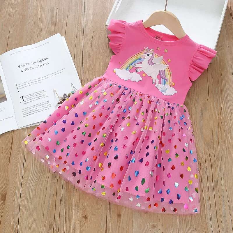 Summer New Girls' Flying Sleeve Rainbow Unicorn Princess Skirt Super Fairy Love Mesh Splicing Dress