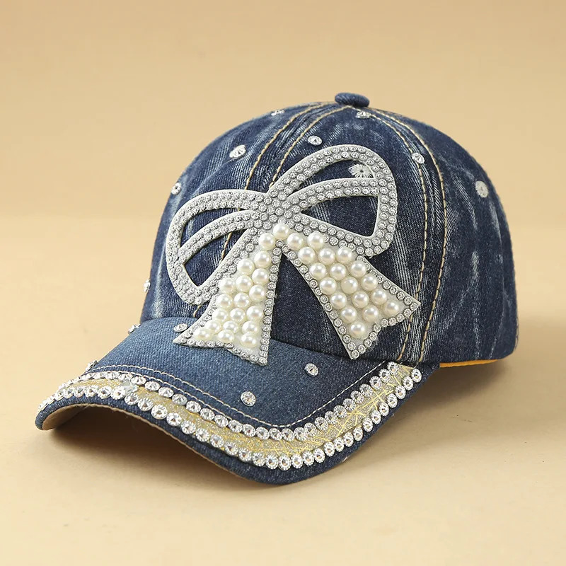Adjustable denim baseball cap pearl trimmed bow sun protection hand sewn diamond volatile hat 250430