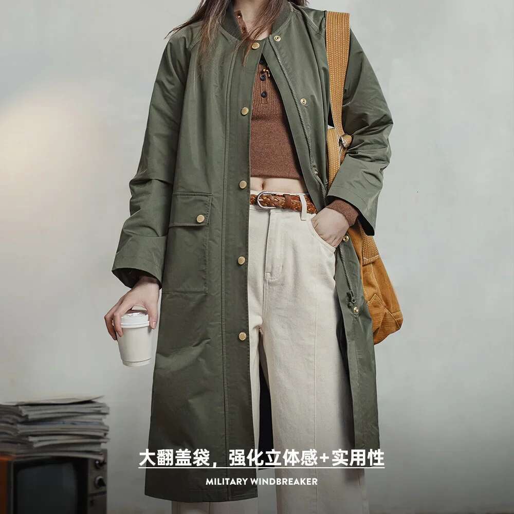 Maden Retro Olive Green Mid-length Trench Loose Fit with Flap Pockets Versatile Spliced Coat for Women's Spring and Autumn