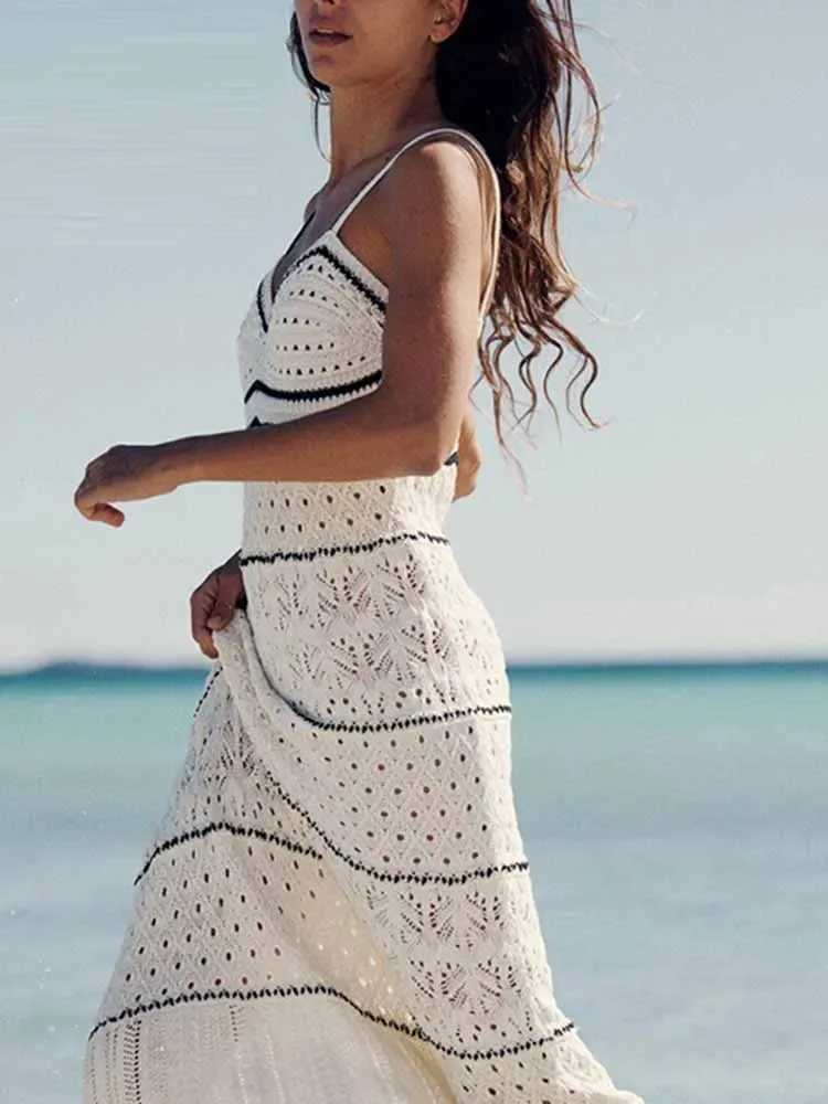 ZABA womens beach style crochet hollow ultra-thin suspender sweater long dress fashionable and elegant sleeveless spaghetti strap sexy dress W250430