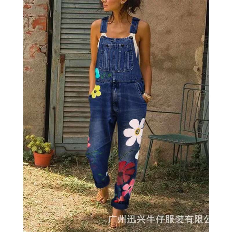Overalls Women Jeans Long Pant Denim Pants Floral One Piece Suspenders Straight Trousers Splice High Waist Casual Autumn