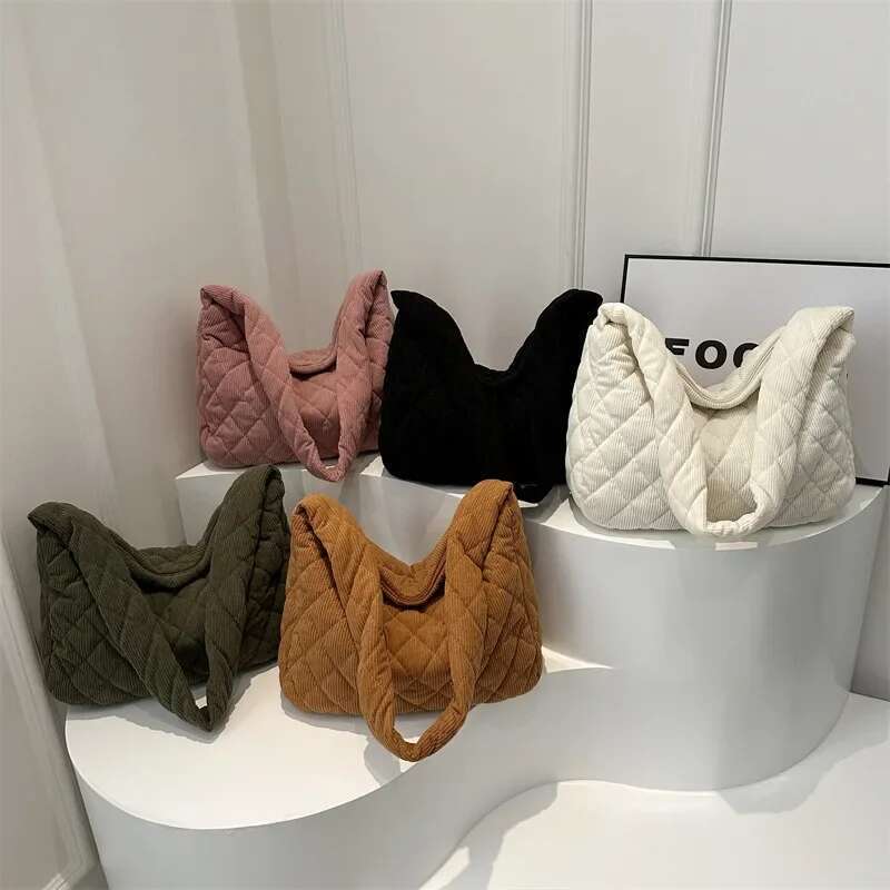 Casual Dia Corduroy Solid Colour Shoulder Winter Thread Minimalistic Crossbody Thick Commuter Large Tote Bag Bag