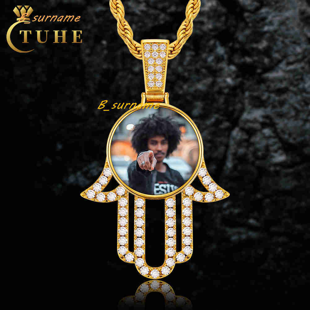 Memory Jewelry 32mm Gold Plated Brass AAAAA CZ Diamond Iced Out Hamsa Hand Custom Picture Necklace Pendant With Chain