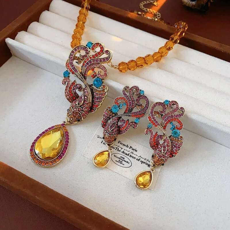 Vintage Koi Set Wedding Earrings Necklaces For Women 2025 Fashion Light Inlaid Rhinestone Bride Jewelry Wholesale