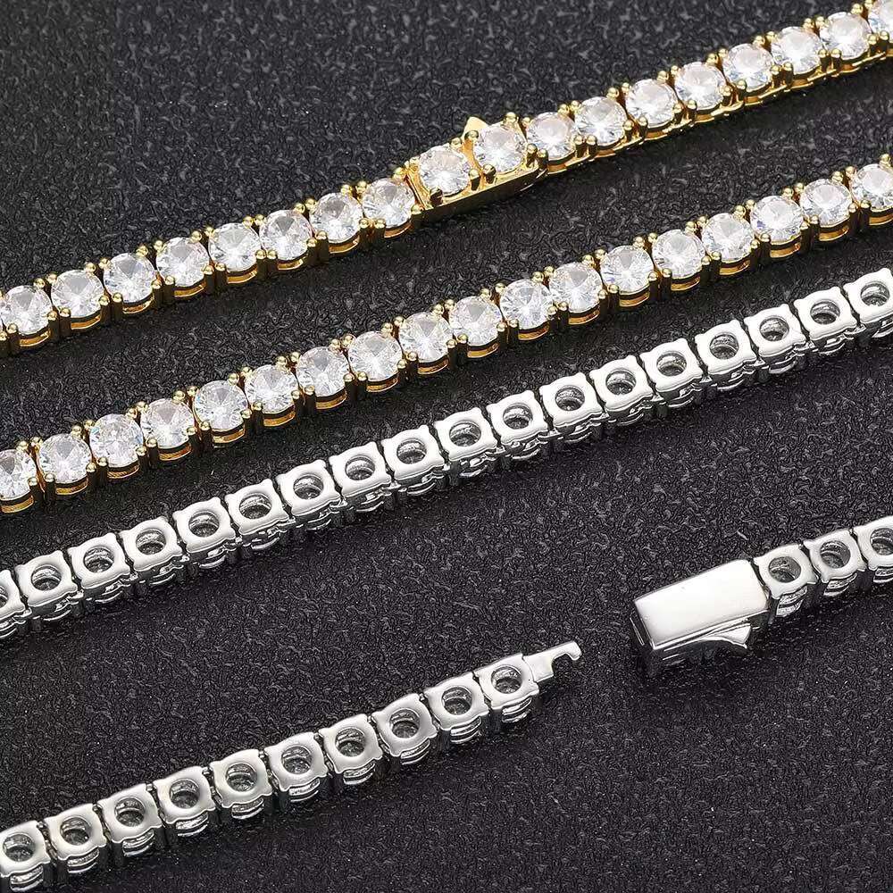 Classic Design Brass Zircon Tennis Necklace Hip Hop Bling Jewelry Gold Silver CZ Iced Out 3mm 4mm 5mm Spring Clasp Tnnis Chain