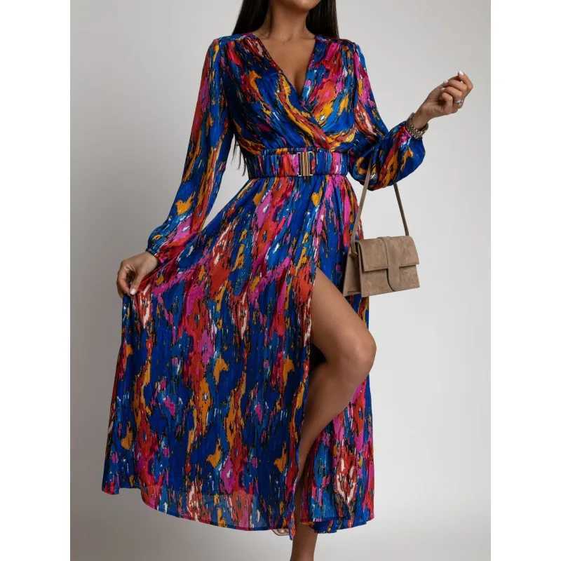 Autumn womens floral print long dress elegant and sexy deep V-neck high score waist belt dress retro bohemian long sleeved party dress W250430