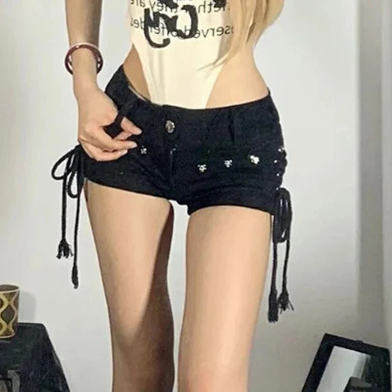 American retro sexy black denim shorts womens fashionable casual shorts streetwear fashion high waist mini jeans shorts 250427