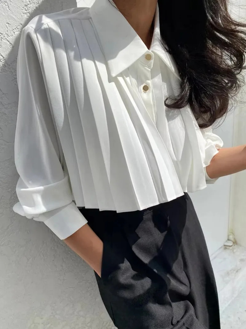 Folded black shirt heavyduty industrial chiffon polo womens Ksle spring folding short high waist fully matched top 250422
