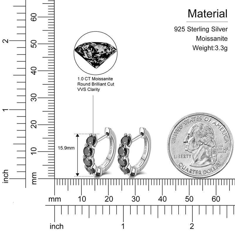 Dropshipping New Arrival 925 Sterling Silver Black VVS Moissanite Diamond Piercing Cuff Huggie Hoop Earrings for Women