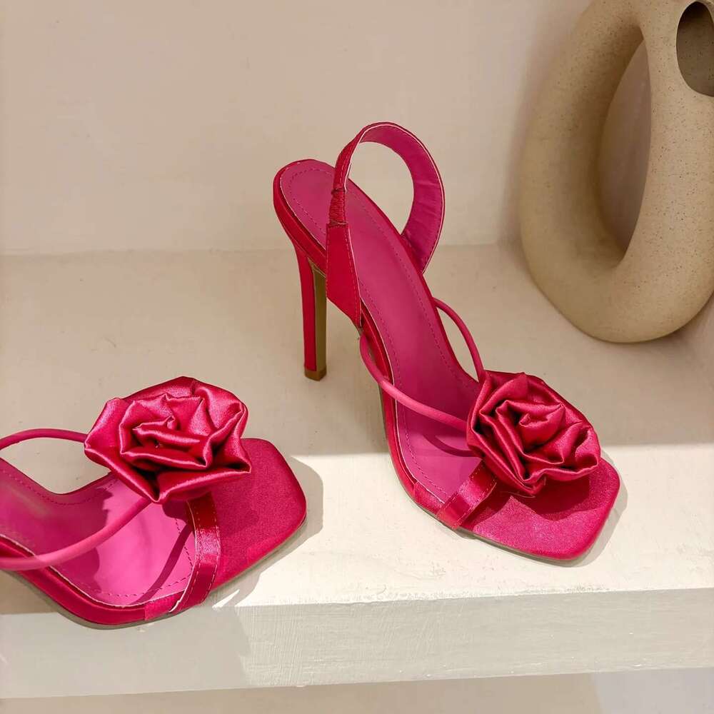 Quality Brands Sandals Fashion Open High Heel Flowers Decorate Single Square Toe Thin Strap Women's Shoes