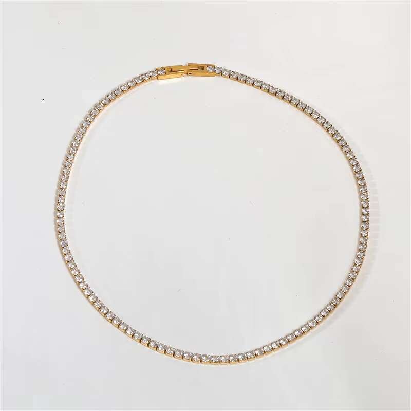 Waterproof Tarnish Free 18K Gold Plated Luxury Zirconia Pave Stainless Steel Tennis Necklace Fashion Jewelry