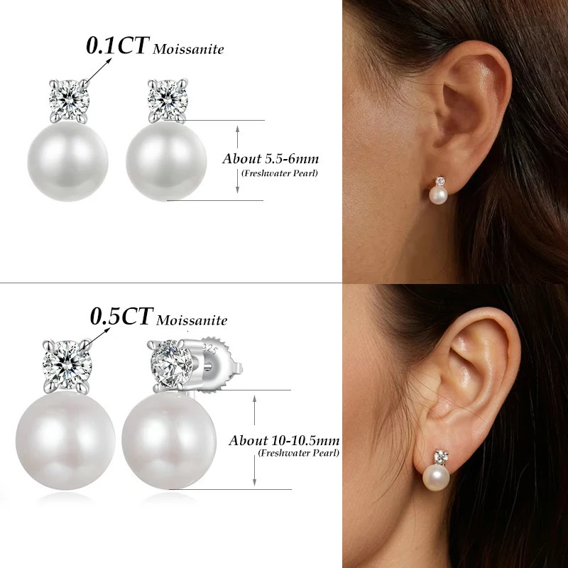 925 Sterling Silver Freshwater Pearl Stud Earrings VVS1 Lab Created Diamond Wedding Earrings for Women Gift 250420