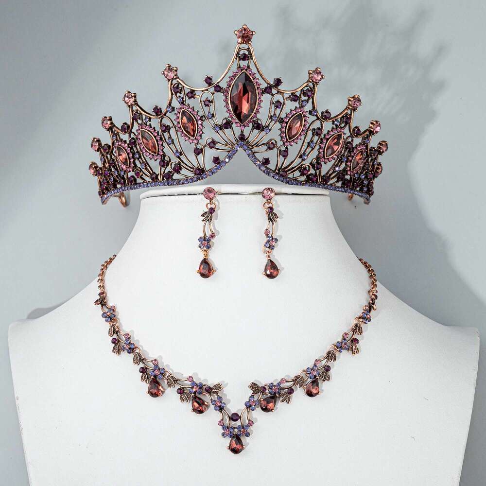 Vintage Black Purple Crystal Geometric Statement Necklace Earrings Tiaras Crown Jewelry Sets For Women Wedding Party African Set