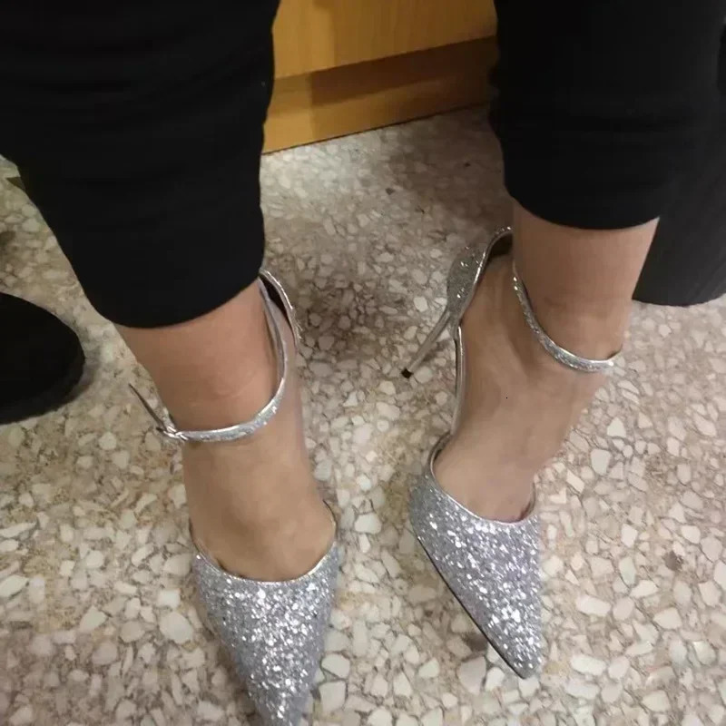 Women Sparkly Summer Mid Kitten Heels Sequins Sandals Lady 7.5cm 9.5cm High Heels Glitter Classic Ankle Strap Banquet Sandles 250428