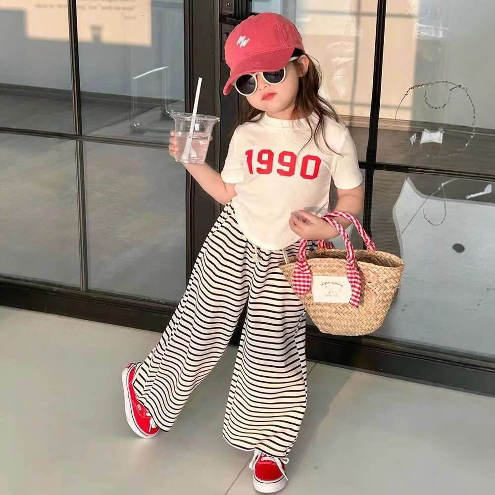 2024 Western Style Irregular Short Sleeved T-Shirt Striped Wide Legged Pants Korean Complete Of Girls Summer Set