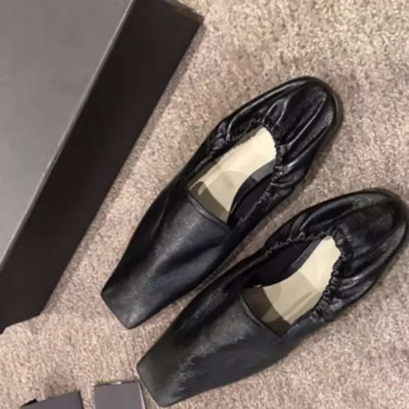 Fashion Drandma High Quality Women Square Catwalk Flats Comfortable Pumps Soft Leather Pleated Elastic Casual Shoes