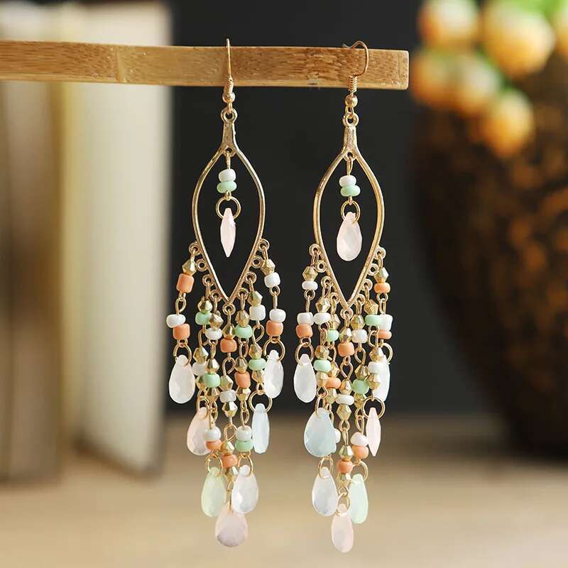 Boho Ethnic Seed Beads Long Earrings For Women Colorful Crystal Tassel Dangle Drop Earring Girls Fashion Party Jewelry