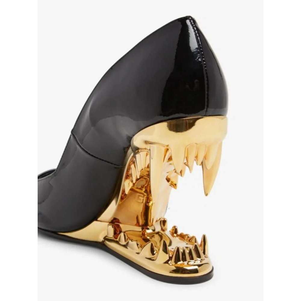 New Fashion Heel Show Metal Tooth Wedge High Heels Branded Pointed Toe Pumps Wedding Banquet Women Shoes
