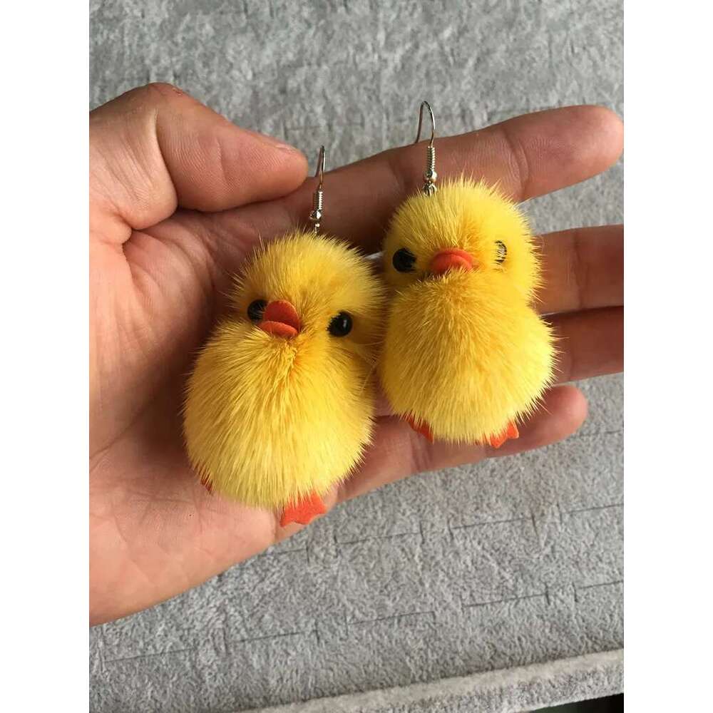Fishsheep Cute Chick Pom Pendant Drop For Women Fluffy Fur Ball 3D Cartoon Animal Dangle Earrings Fashion Jewelry