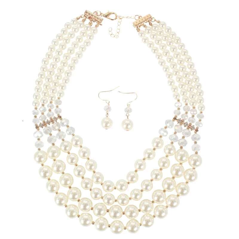 New Fashion Multi-Layer Handmade Imitation Pearl Crystal Beaded Necklace And Earring Jewelry Set For Women Party Accessories