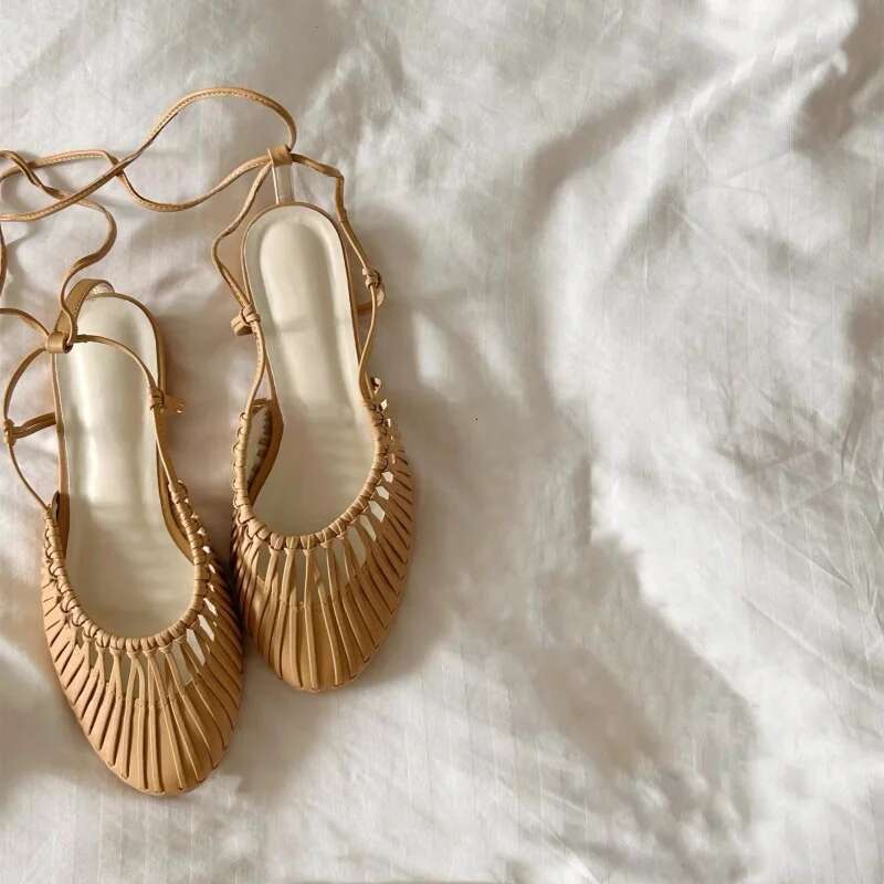 Fashion Round Toe Lace up High Heels Hollow Casual Roman Fisherman Shoes Ankle Strap Women Flats