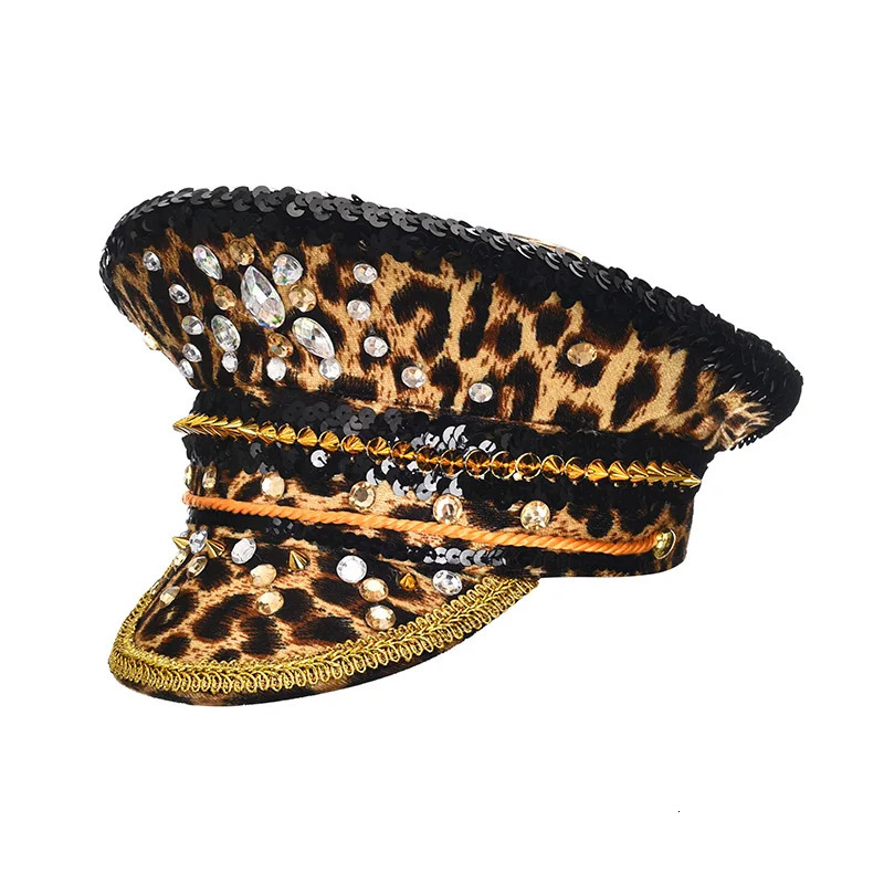 Womens Burning Man/Women Sequin Hats Cosplay Costume Retro Leopard with Glasses Fashion Men Women Handmade Steampunk Top Caps 250430