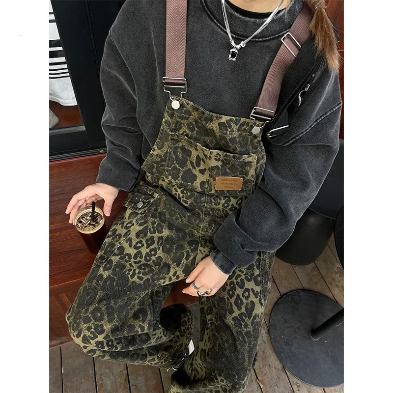 Plus size retro loose fit straight leg Leopard Slip on Pants American street wash for men and women with multiple pockets 250427