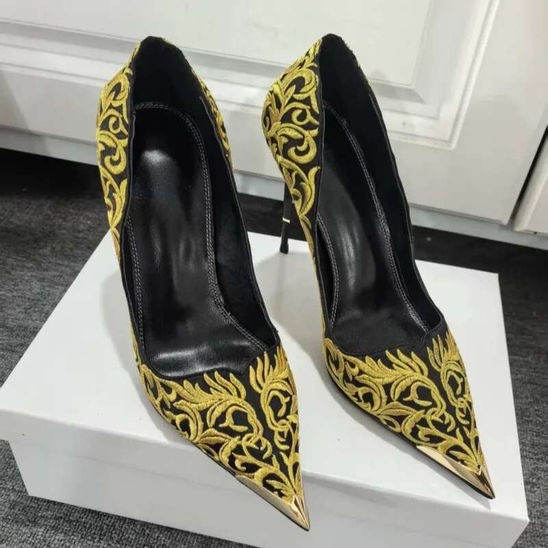 Designer Brand Embroidery Golden Pump Women Heels Metal Stiletto Black Sandals Fashion Girls Party Evening Shoes