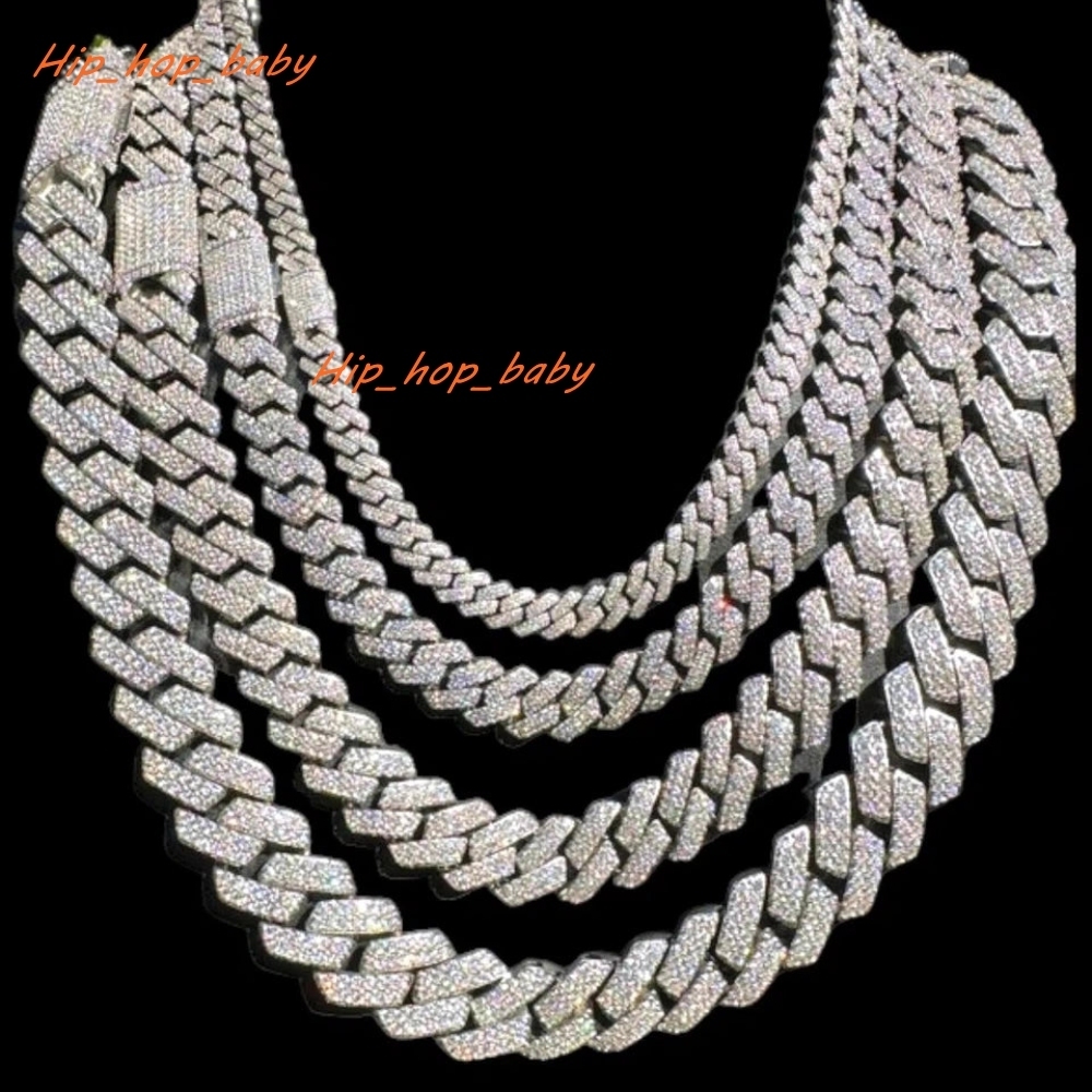 Hiphop Miami Cuban Link Chain Silver Plated 925 Sterling Silver Iced Out VVS Moissanite Cuban Chain