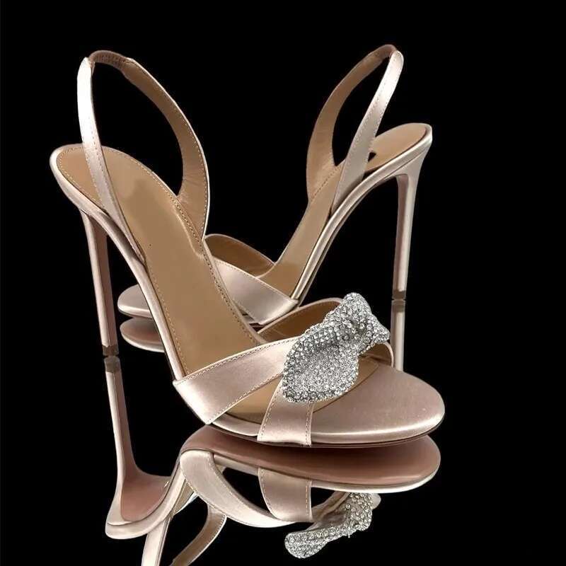 2025 summer new crystal bow tie satin open-toe sexy stilto-heeled high-heeled banquet dress small size women's sandals