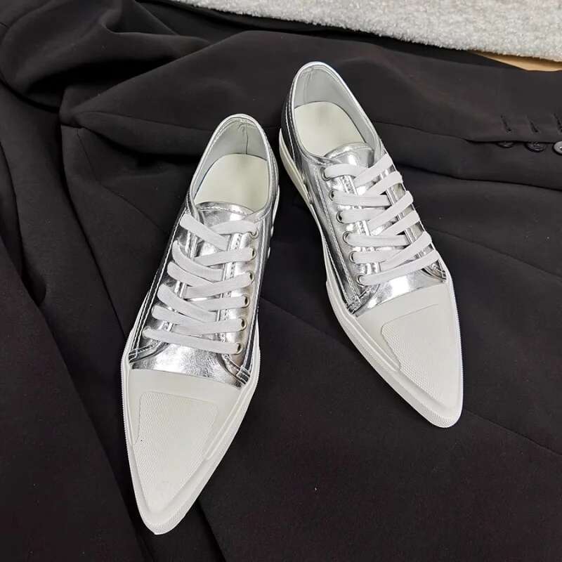 Brand Canvas Sneakers Pointed Thick Soled Casual Lace Solid Fashionable Simple Novel Women Flat Shoes