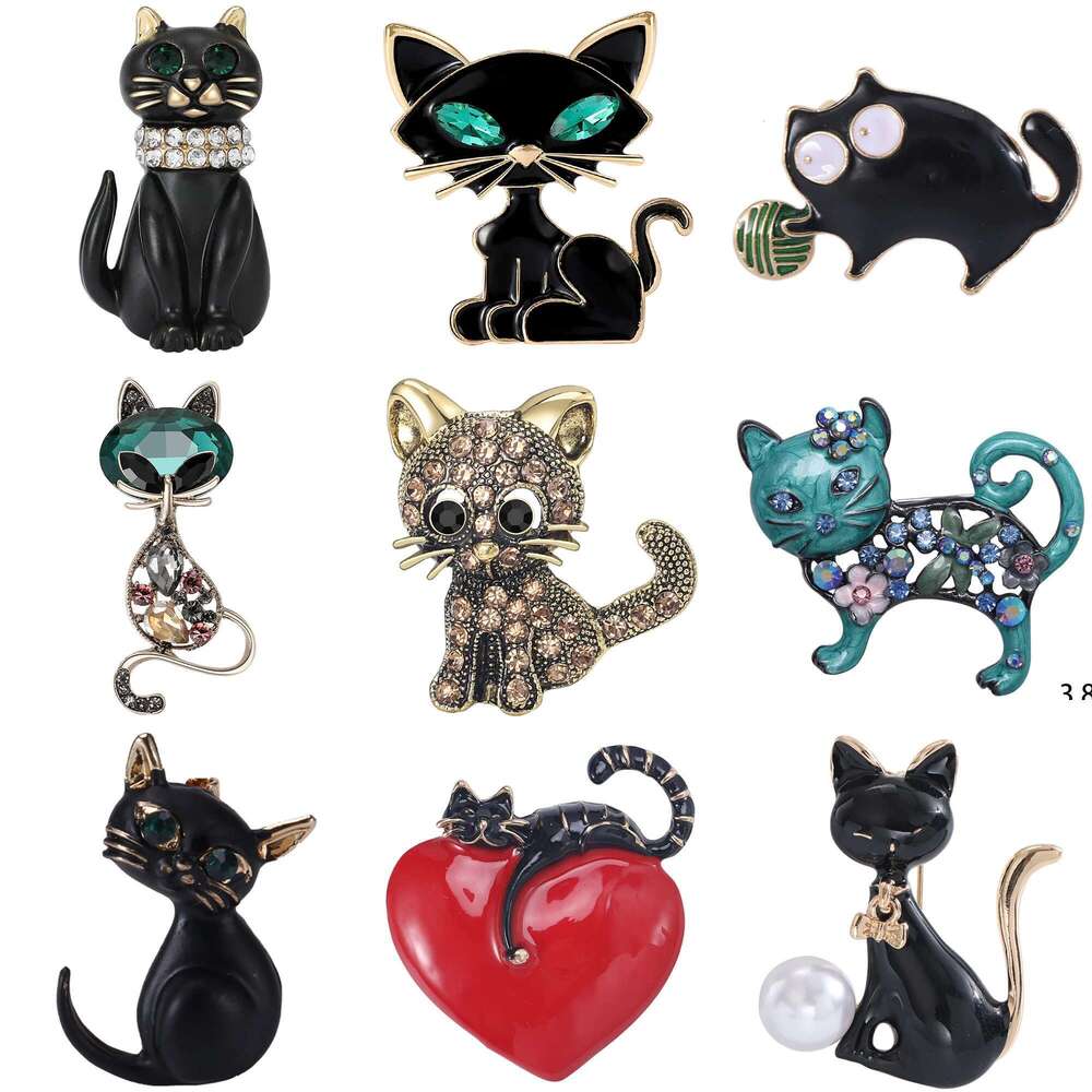 Enamel Cat Pin For Women Unisex Rhinestone Cats Brooch Kitten Lapel Pins Banquet Party Backpack Gifts Jewelry Accessories