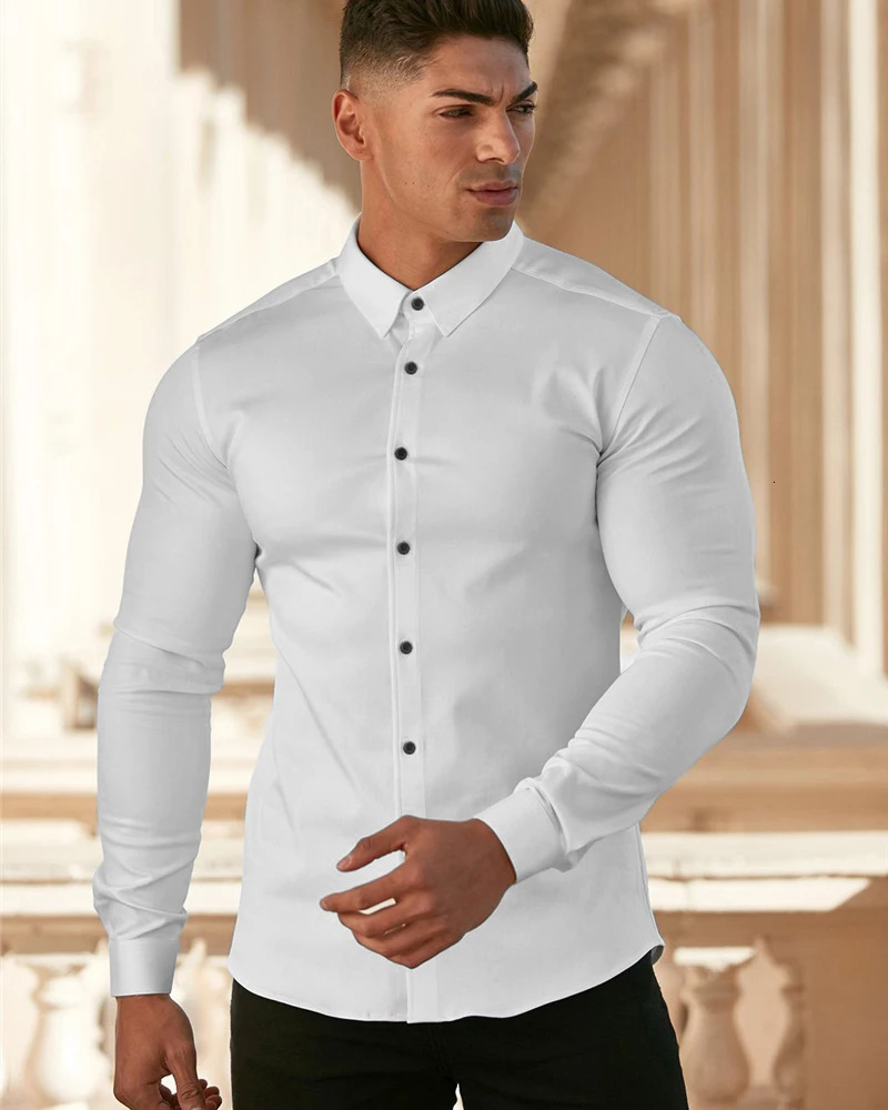 Autumn fashion long sleeved mens ultra-thin slim fit mens casual social business dress mens fitness sportswear 250427