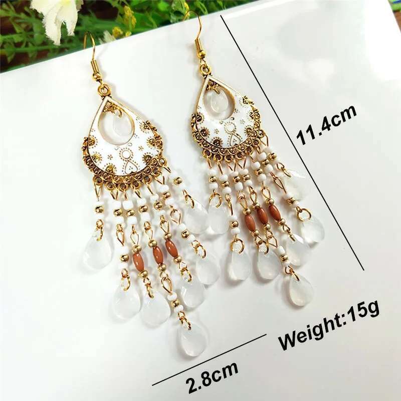 Bohemian Long Acrylic Waterdrop Tassel For Women Ethnic Multicolor Bead Drop Oil Handmade Dangle Earrings Boho Jewelry