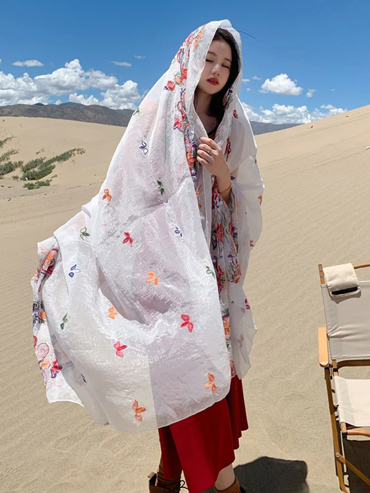Summer Elegant Women Silk Scarf Beach Wrap Shawl Embroidered Floral Lady Sunscreen Bandana Hijab Mujer Bohemian Scarve Pareo 250430