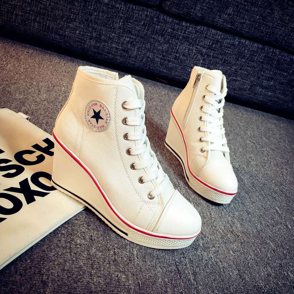 Spring and autumn new thick-sole wedge high-top lace-up canvas casual heightening large-size high-heeled women's shoes