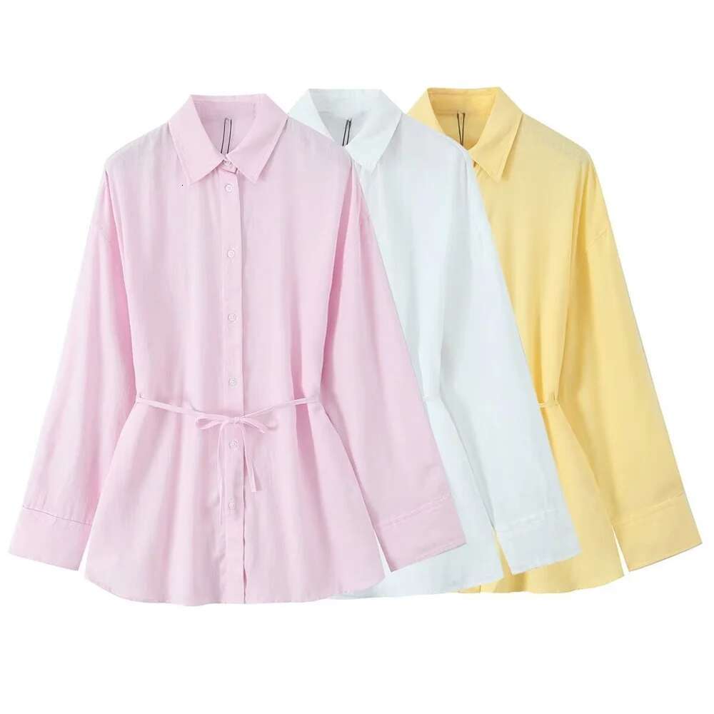 Pb&Za 2025 Light Yellow Women Shirt Long Sleeve Button Front Design With Waist Tie Elegant And Versatile Style