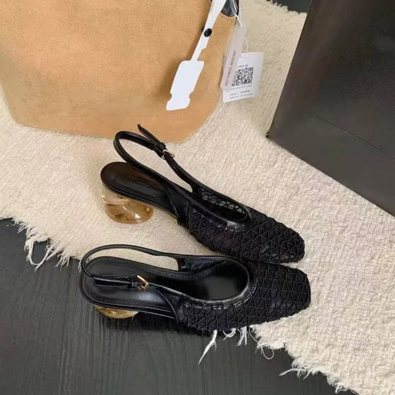2025 Summer Fashion Square Toe Mid-heel Comfortable Sandals Buckle Sexy Banquet Mesh Breathable Single Shoes for Women 250428