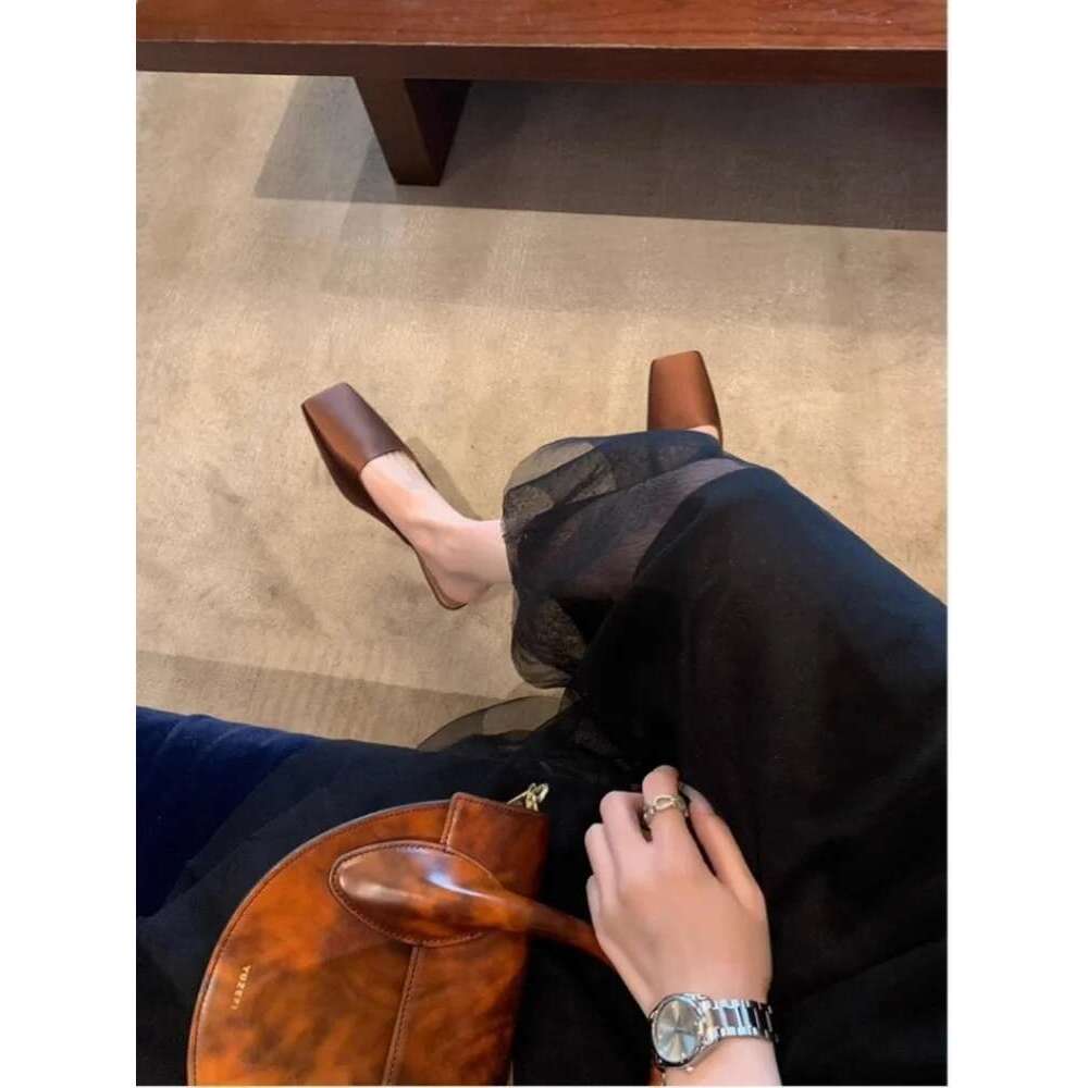 Brand Slippers Fashion Square Head Sandals Elegant Half Drag Single Luxurious Simplicity Outdoor Women's Mule Shoes