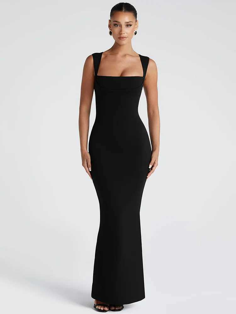 Mozision Square collarless sexy womens long dress fashionable spring and summer new high waisted Bodycon club party long dress W250430