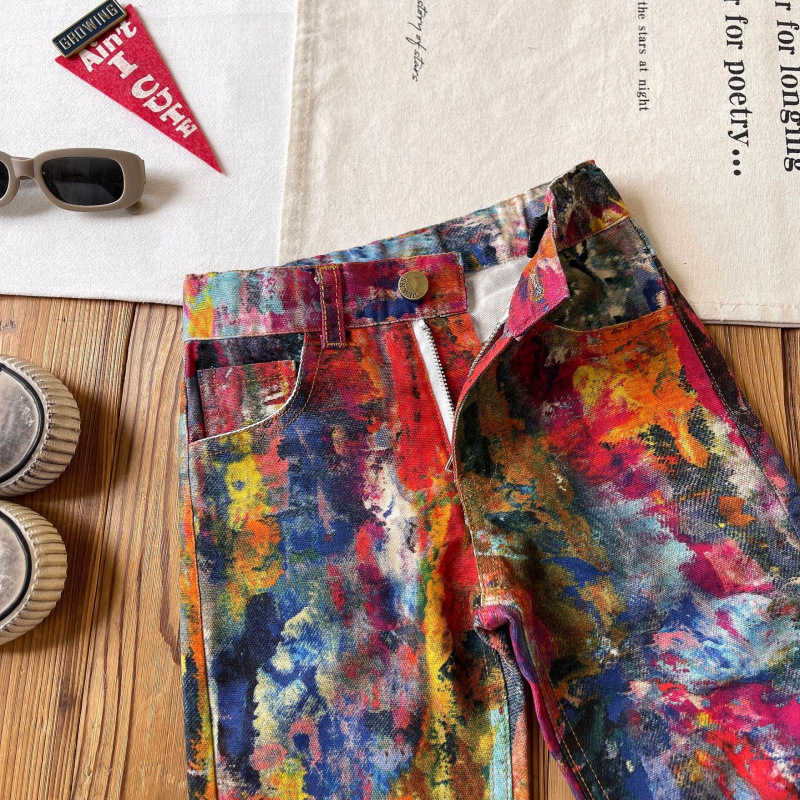 middle Aged and Niche Childrens Graffiti Ink Straight Leg Pants Trendy Jeans Y250430TOJY