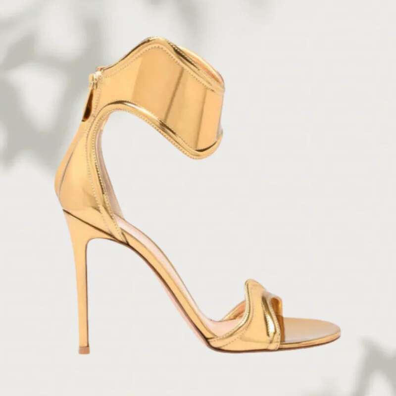 New Wave Ankle Strap Open Toe Hollow Sandals Shiny Back Zipper High Heels Fashion Show Party Women Shoes